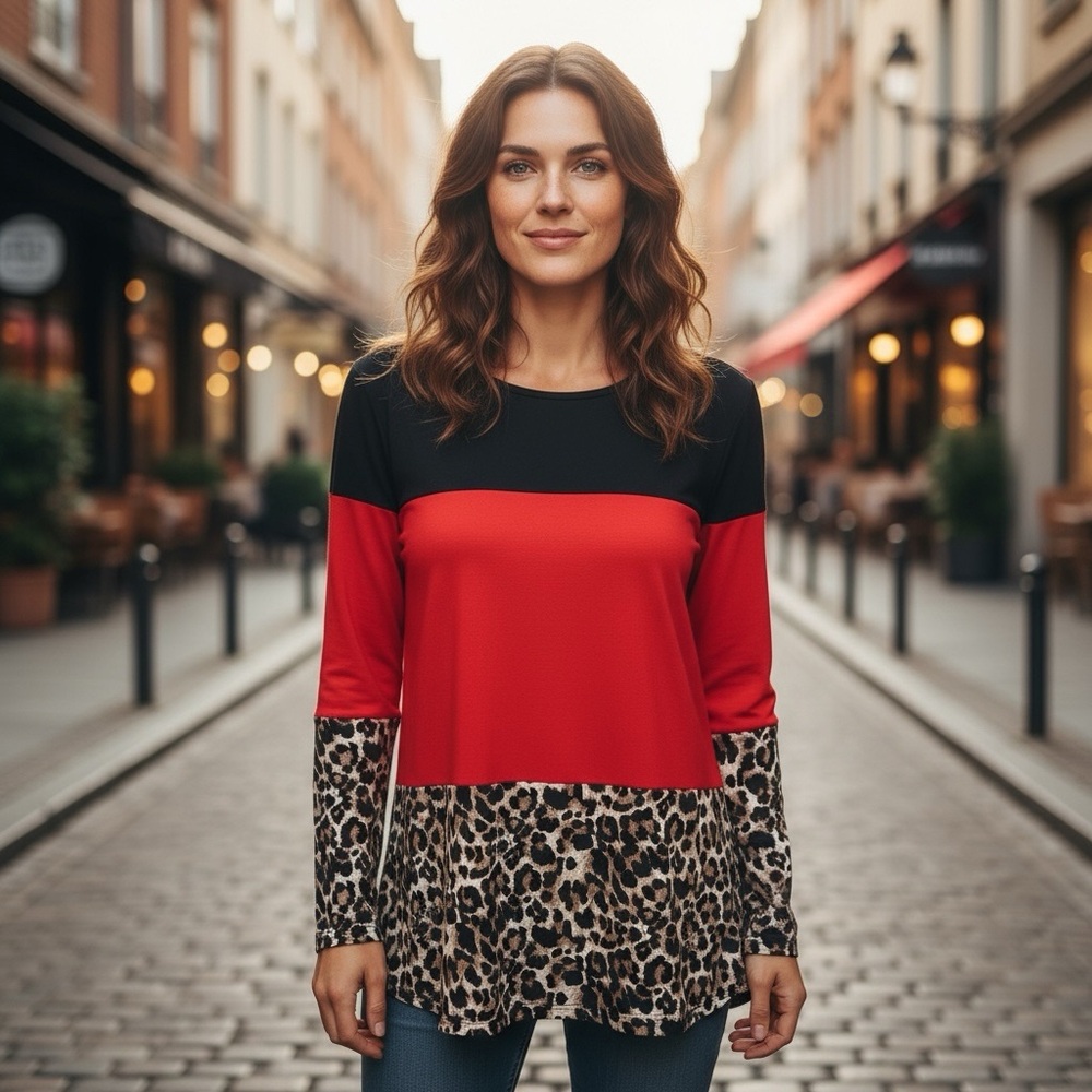 Red and Black Colorblock Leopard Print Top mixed prints size L large